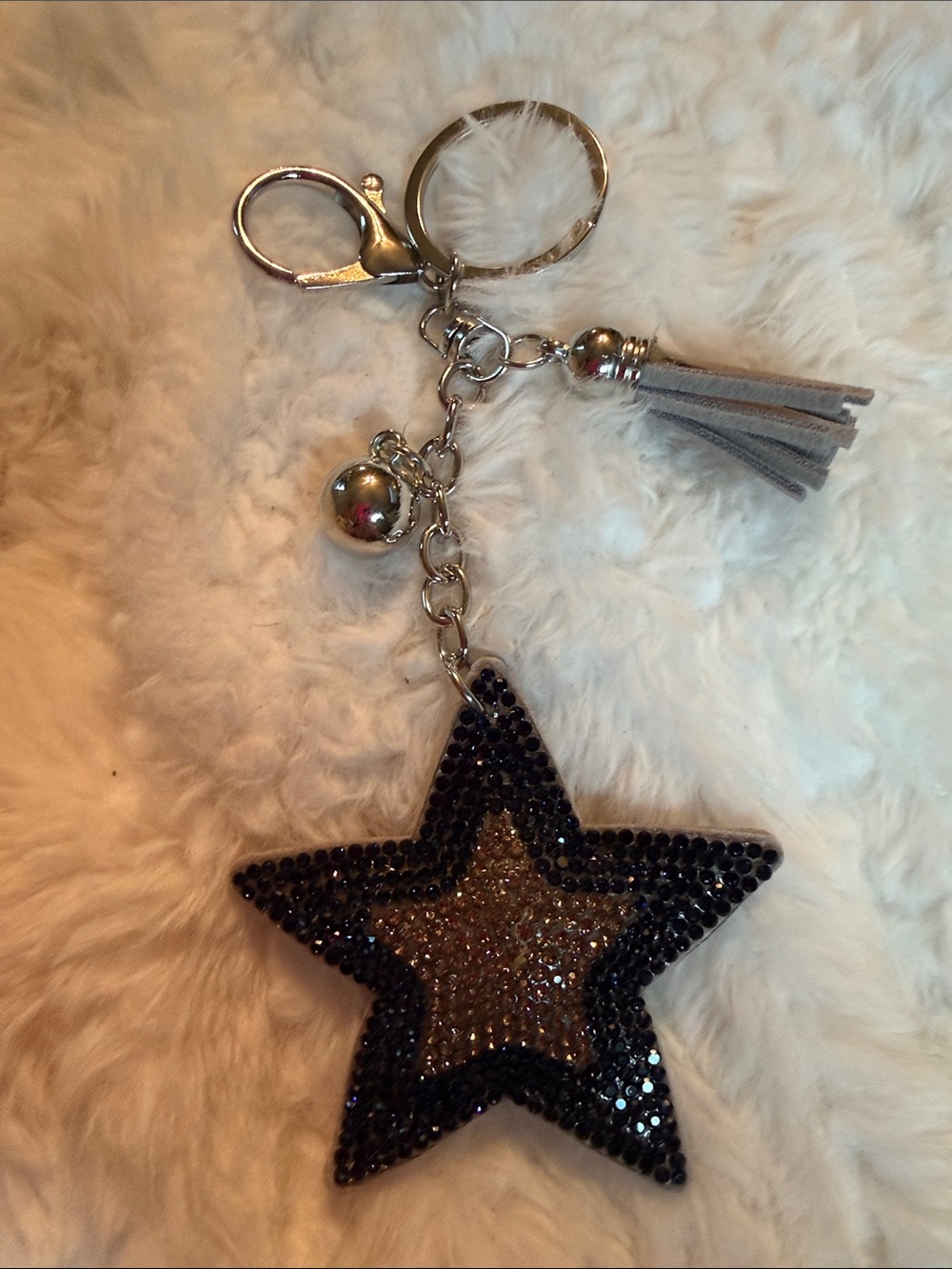 Rhinestone Sparkle Star Tassel Keychain - Navy and Silver Bag Charm
